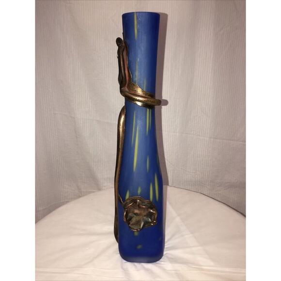 Handmade Blown Glass Vase Engraved with Metal Blue yellow Art Nouveau Style - Picture 4 of 11